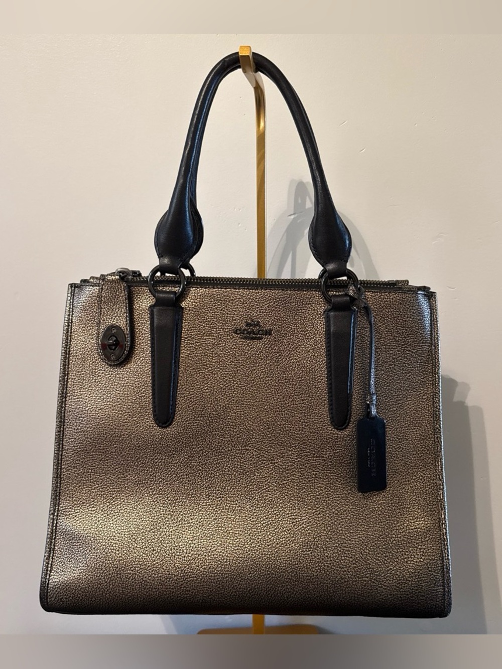 Coach Metallic Gold Pebbled Satchel with Black Trim